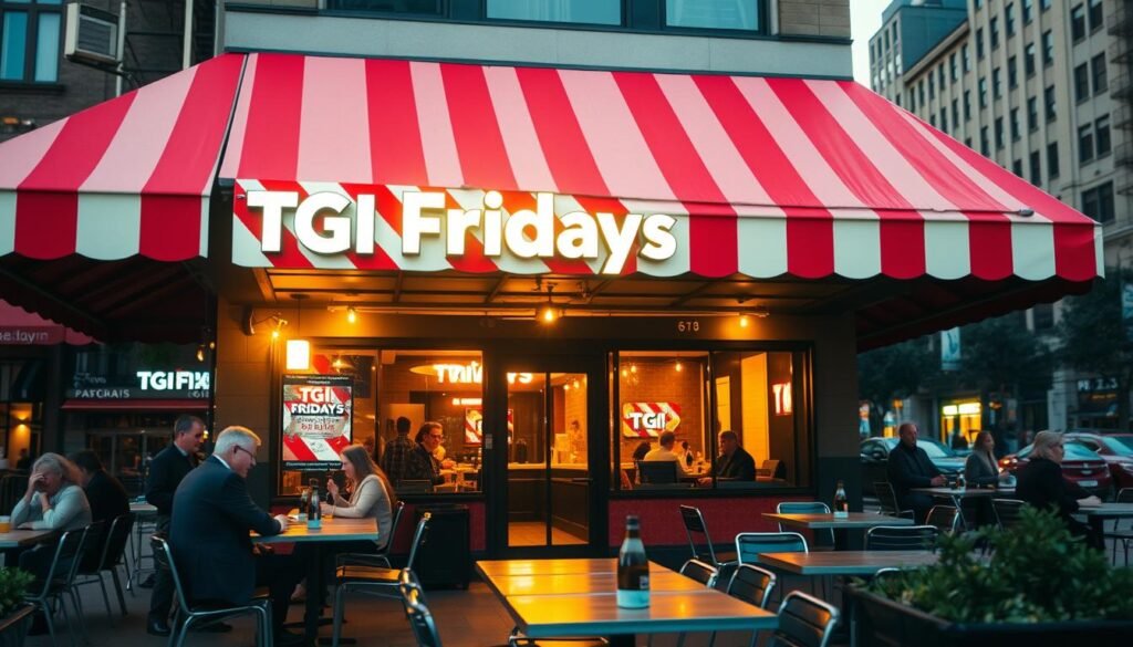 A TGI Fridays restaurant location depicted in a city setting, showcasing the distinctive red and white striped awning. In the foreground, an inviting patio area with outdoor seating and bistro tables, with a few patrons enjoying their meals in business casual attire. In the middle, the restaurant's entrance is framed by bright neon lights, giving off a warm and welcoming glow, suggesting a bustling atmosphere. The background features a slightly blurred view of nearby buildings and trees, adding depth to the scene. The lighting is soft, with a golden hour effect, creating a nostalgic and lively mood that captures the essence of a popular dining destination, while subtly hinting at a sense of uncertainty regarding the future of this beloved establishment.