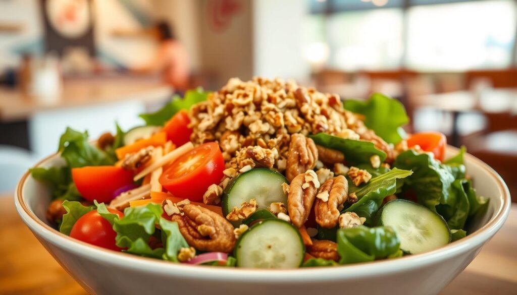 A beautifully arranged Chick-fil-A Market Salad, showcasing a vibrant mix of fresh greens, cherry tomatoes, cucumbers, and shredded carrots, prominently featuring a generous handful of nuts and a sprinkle of granola. In the foreground, the salad is served in an elegant bowl, capturing the textures and colors of the ingredients. Soft, natural lighting highlights the freshness of each component, creating a warm and inviting atmosphere. The background should be a subtle, blurred restaurant setting, focusing attention on the salad. The composition should be shot from a slightly elevated angle to convey depth, emphasizing the salad's bountiful appearance. Overall, the image conveys healthfulness and indulgence, perfect for illustrating the salad's calorie content. A beautifully arranged Chick-fil-A Market Salad, showcasing a vibrant mix of fresh greens, cherry tomatoes, cucumbers, and shredded carrots, prominently featuring a generous handful of nuts and a sprinkle of granola. In the foreground, the salad is served in an elegant bowl, capturing the textures and colors of the ingredients. Soft, natural lighting highlights the freshness of each component, creating a warm and inviting atmosphere. The background should be a subtle, blurred restaurant setting, focusing attention on the salad. The composition should be shot from a slightly elevated angle to convey depth, emphasizing the salad's bountiful appearance. Overall, the image conveys healthfulness and indulgence, perfect for illustrating the salad's calorie content.