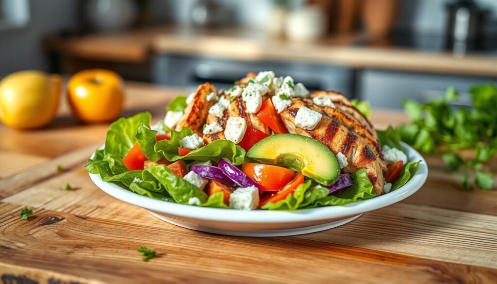 A beautifully arranged Cobb salad served on a white ceramic plate, showcasing vibrant layers of fresh ingredients. In the foreground, include crisp romaine lettuce, diced tomatoes, creamy avocado slices, crumbled blue cheese, and perfectly cooked, chopped grilled chicken. The salad is drizzled with a light vinaigrette, glistening under soft natural light. In the middle ground, have a rustic wooden table that adds warmth to the setting, with a subtle hint of fresh herbs scattered around. The background features a blurred kitchen environment, emphasizing freshness and healthiness. The overall mood is inviting and appetizing, illustrating the complexity of healthy eating choices, with a focus on texture and color. The shot is taken from a slight overhead angle, capturing the salad's appeal.