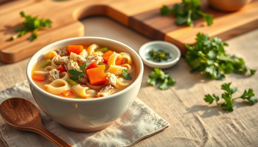 A beautifully arranged bowl of Chick-fil-A's chicken noodle soup, featuring tender chicken chunks, colorful vegetables like carrots and celery, and hearty egg noodles. In the foreground, place a wooden spoon resting beside the bowl, hinting at a comforting, homemade feel. In the middle, a clean linen tablecloth adds a warm touch, while a small plate with fresh parsley garnishes the soup. In the background, softly blurred kitchen elements like a wooden cutting board and fresh herbs create an inviting atmosphere. The lighting is warm and natural, simulating an afternoon sun that enhances the inviting colors of the ingredients, evoking a sense of health and nutrition. The mood is cozy and wholesome, perfect for conveying the essence of nutritious eating.