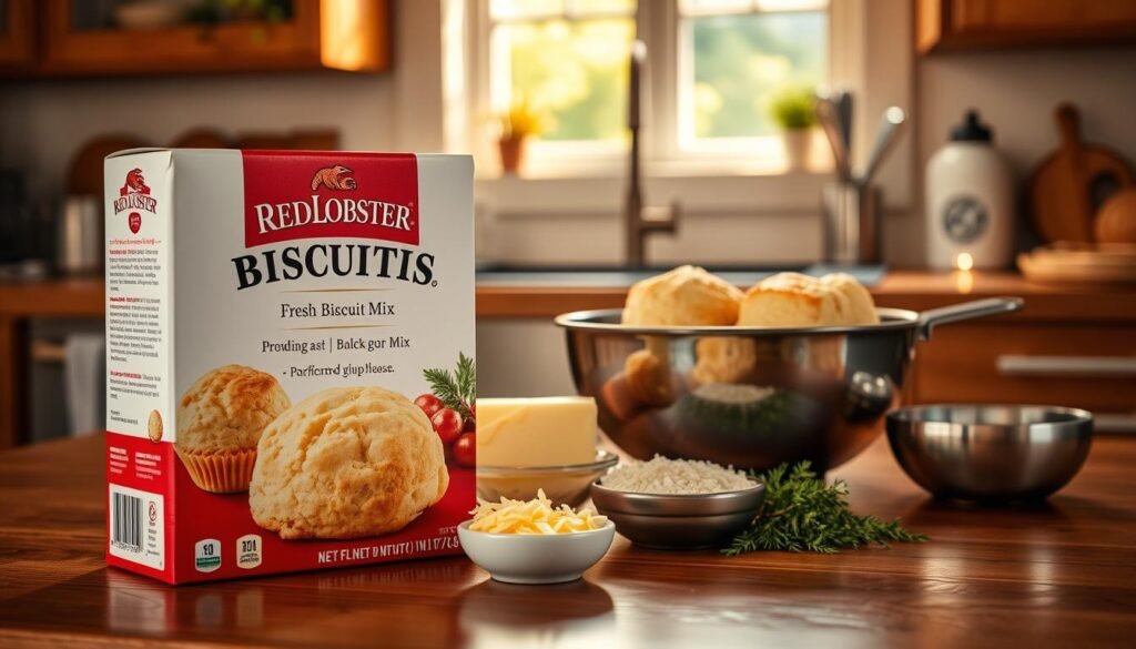 A beautifully arranged box of Red Lobster biscuit mix sits prominently in the foreground, showcasing its vibrant red and white packaging, complete with appetizing images of fresh biscuits. In the middle ground, a bowl filled with the biscuit mix is surrounded by key ingredients: a stick of butter, shredded cheese, and herbs, all artfully placed to highlight the cooking process. The background features a cozy kitchen setting with warm, inviting lighting emanating from a window, casting soft shadows that enhance the homey atmosphere. A wooden countertop complements the scene, while a whisk and measuring cups hint at the preparation process. The overall mood is inviting and warm, evoking the anticipation of creating delicious biscuits at home.