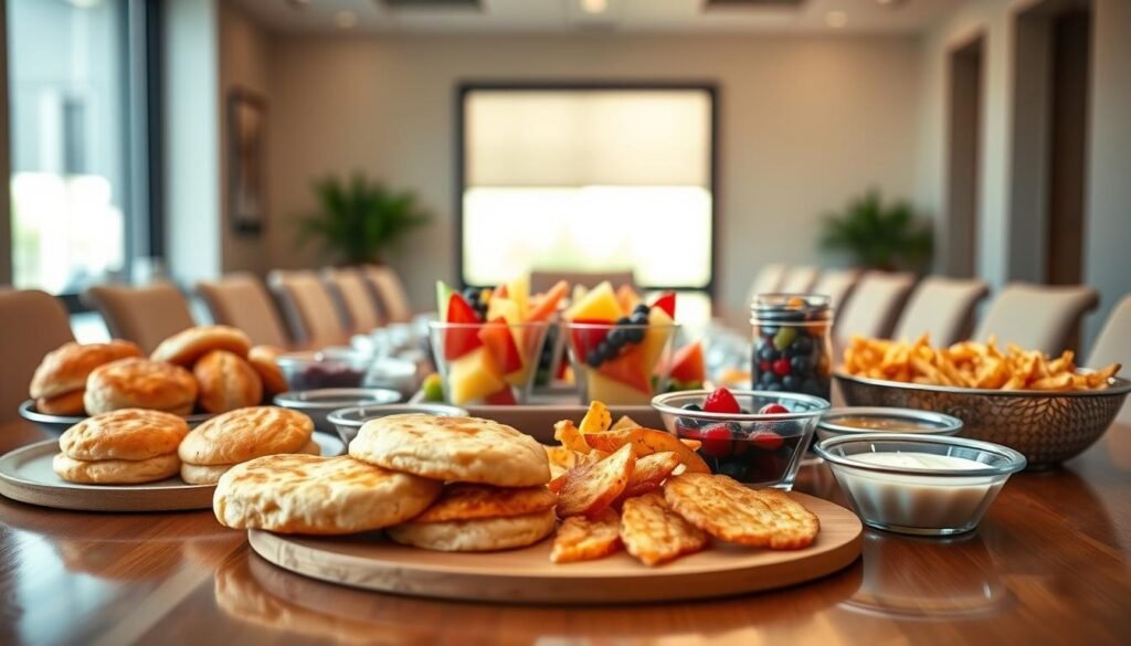 A beautifully arranged breakfast catering spread on a polished wooden table, featuring an assortment of Chick-fil-A breakfast items. In the foreground, include golden-brown chicken biscuits, fluffy scrambled eggs, and crispy hash browns. In the middle, display fresh fruit cups with vibrant slices of strawberries, melons, and blueberries. A variety of dipping sauces should be elegantly placed nearby. The background captures a softly lit conference room, with a large window allowing natural sunlight to filter in, creating an inviting ambiance. The mood is warm and welcoming, perfect for a morning meeting. Use a shallow depth of field to focus on the breakfast items while softly blurring the background, enhancing the professional setting. Make sure no text or logos are visible in the image.