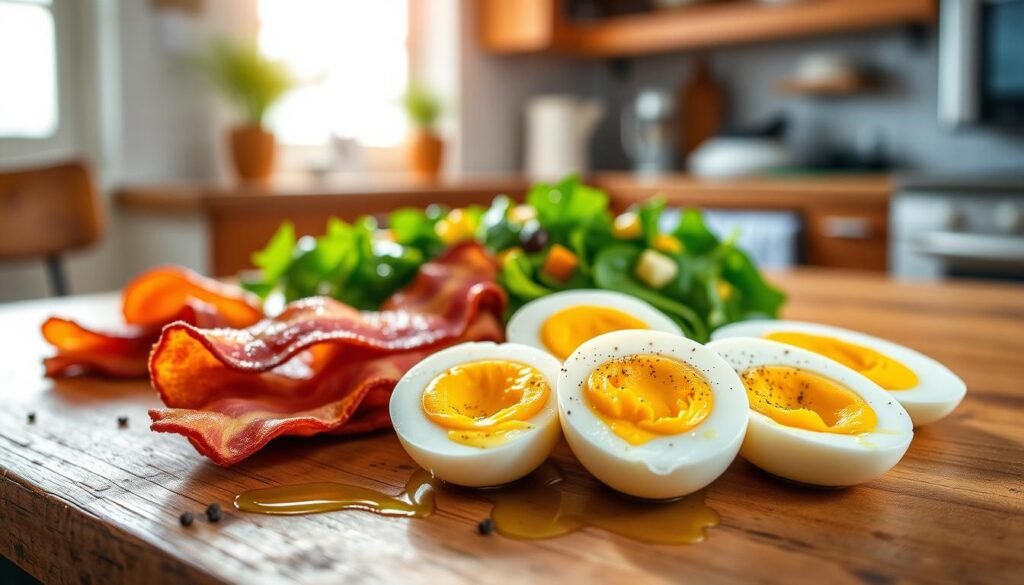 A beautifully arranged breakfast plate featuring perfectly cooked hard-boiled eggs sliced in half, revealing their creamy yolks, alongside crispy strips of golden-brown bacon. The foreground showcases the eggs and bacon on a rustic wooden table, with a light drizzle of olive oil and a sprinkle of freshly ground black pepper for added visual appeal. In the middle ground, there is a vibrant, fresh green salad with chopped veggies, hinting at the elevation of the dish. The background softly blurs, featuring a warm kitchen environment bathed in natural sunlight coming through a nearby window, creating a cozy and inviting atmosphere. The image should have a bright and cheerful mood, evoking a sense of culinary delight and effortless preparation.