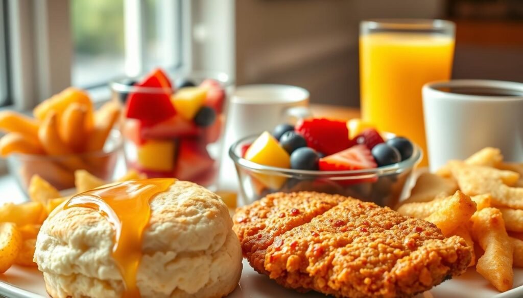 A beautifully arranged breakfast spread showcasing a variety of Chick-fil-A breakfast items. In the foreground, a fluffy biscuit drizzled with honey, a crispy chicken filet, and a side of golden hash browns. The middle ground features a refreshing fruit cup filled with vibrant strawberries, blueberries, and pineapple chunks, alongside a rich, creamy bowl of grits. In the background, a steaming cup of coffee and a glass of freshly squeezed orange juice add warmth to the scene. Soft morning light filters in from a nearby window, creating an inviting and cheerful atmosphere. The image is captured from a slightly elevated angle, highlighting the delicious textures and colors of the food, evoking a sense of urgency and delight for breakfast lovers before time runs out.