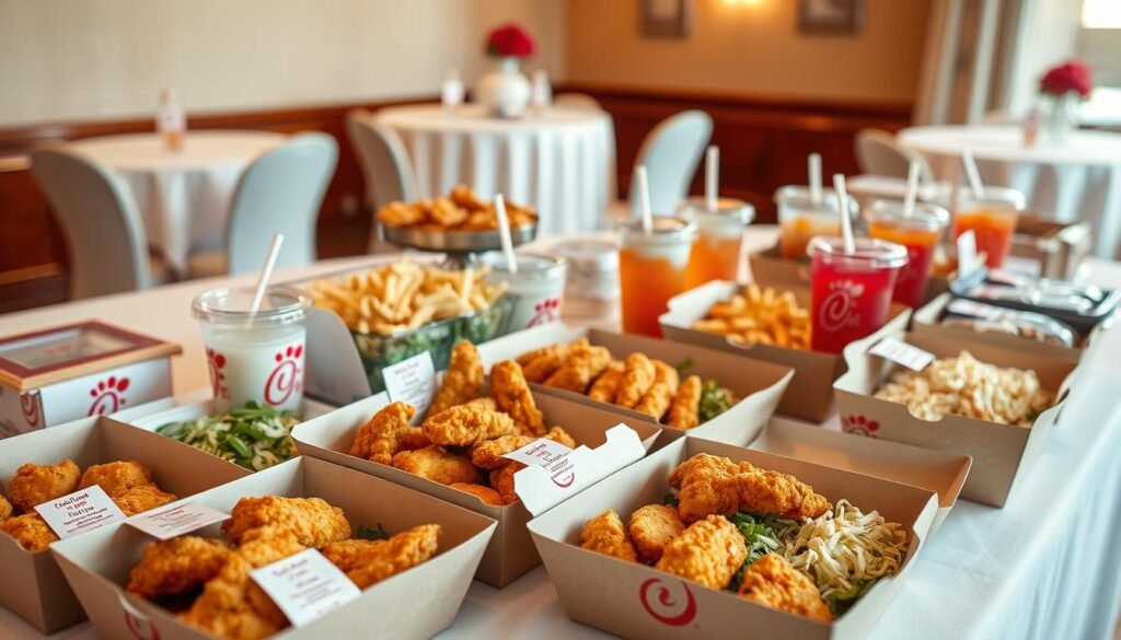 A beautifully arranged catering display featuring packaged meals from Chick-fil-A. In the foreground, focus on a variety of boxed meals, showcasing crispy chicken sandwiches, nuggets, and fresh salads, all neatly packaged with appealing labels. In the middle ground, include an assortment of side dishes like waffle fries and coleslaw, alongside chilled beverages in clear cups with lids and straws. The background should present a clean, well-lit setting with elegant tablecloths and simple decorations that enhance the overall presentation, reflecting a professional catering ambiance. Use soft, natural lighting to create a warm atmosphere, emphasizing the freshness and quality of the food. The angle should be slightly elevated to capture the depth and variety of the catering spread, inviting viewers to explore the delicious options available.
