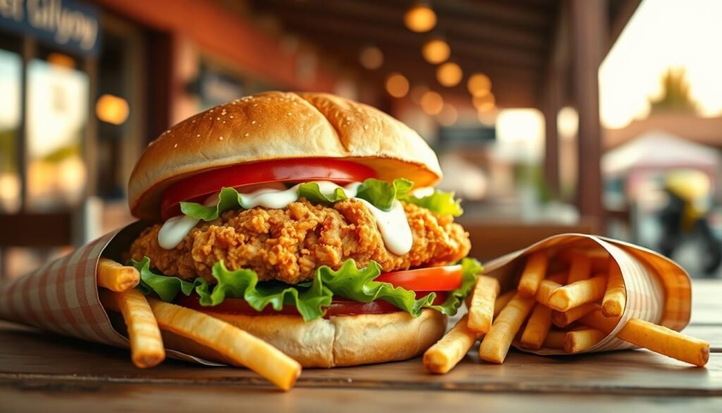 A beautifully arranged chicken sandwich, featuring a perfectly golden-brown fried chicken patty, lightly crisped and juicy, placed between a soft toasted bun. The sandwich is complemented by fresh, crisp lettuce, slices of ripe tomato, and a drizzle of creamy mayonnaise, all vibrant in color. In the foreground, some fries in a rustic paper cone are casually placed next to the sandwich, adding a casual, enjoyable dining feel. The middle ground is a simple wooden table setting with a warm checkered tablecloth. The background features a blurred outdoor scene of Gilroy, California, with soft golden sunlight accentuating the atmosphere. The shot is taken with a shallow depth of field to keep the focus tight on the sandwich, evoking a mouth-watering invitation to enjoy a delicious meal. The overall mood is cheerful, inviting, and appetizing.