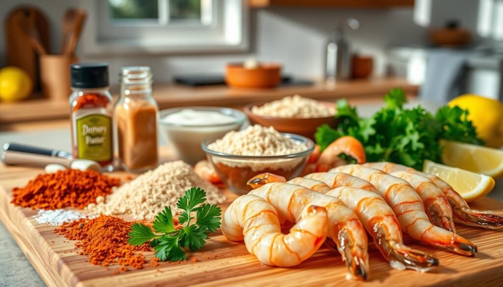 A beautifully arranged composition of fresh ingredients for crispy dragon shrimp. In the foreground, vibrant, uncooked shrimp glisten on a wooden cutting board, surrounded by colorful spices such as paprika, garlic powder, and cayenne pepper. In the middle layer, a small bowl of tempura batter sits next to a pile of panko breadcrumbs, with fresh parsley and a slice of lemon nearby for garnish. The background features a softly blurred kitchen setting with natural light streaming through a window, casting gentle shadows. The atmosphere is warm and inviting, evoking the experience of preparing a delicious seafood dish. The focus is sharp on the ingredients, emphasizing their textures and colors, creating a mouthwatering appeal.