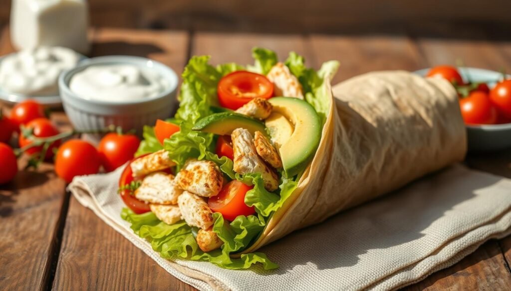 A beautifully arranged, diet-friendly wrap filled with fresh, colorful ingredients, such as crisp lettuce, ripe tomatoes, sliced cucumbers, avocado, and grilled chicken, showcasing a healthy twist. The wrap is placed on a rustic wooden table, with a light brown canvas napkin beneath it. In the background, soft-focus elements like a small bowl of Greek yogurt dip and vibrant cherry tomatoes add context without being distracting. The lighting is bright and natural, casting soft shadows, suggesting a freshly prepared meal. The composition is shot from a slightly elevated angle to highlight the wrap's texture and colors, creating an inviting and appetizing atmosphere that emphasizes health and deliciousness.