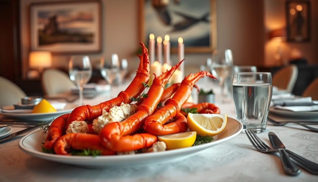 A beautifully arranged dining table set for an elegant seafood feast. In the foreground, a large platter of succulent red lobster crab legs, glistening with melted butter, fresh lemon wedges, and aromatic herbs for garnishing. Silver cutlery is artfully placed beside crystal clear glassware filled with sparkling water. In the middle ground, a tastefully decorated tablecloth and subtle, warm candlelight create a cozy ambiance. In the background, softly blurred outlines of a stylish dining room with elegant artwork and a hint of soft natural light coming through a window. The atmosphere should evoke a sense of luxury and comfort, inviting viewers to imagine enjoying a restaurant-quality meal at home. The image should capture warm, inviting colors with a focus on texture and detail, showcasing the delicious crab legs as the centerpiece.
