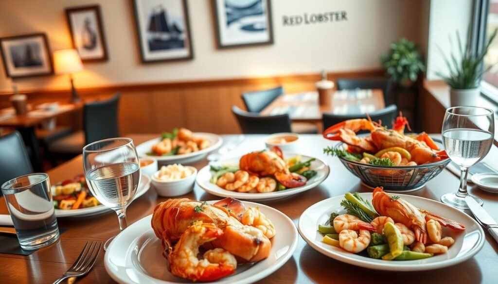 A beautifully arranged dining table showcasing a variety of senior meal options from Red Lobster, featuring a close-up view of delectable dishes such as baked lobster, grilled shrimp, and healthy vegetable sides. The foreground includes elegant tableware and a glass of sparkling water, highlighting the inviting atmosphere. The middle features a comfortable, well-lit dining environment with soft, natural light streaming in through a nearby window, enhancing the colors of the food. In the background, tasteful decorations like nautical-themed artwork and subtle plant arrangements create a relaxed, welcoming ambiance. The overall mood is warm and friendly, perfect for a cozy dining experience tailored for seniors. The angle is a slight overhead shot that captures the full spread of the meal without including any people or text. A beautifully arranged dining table showcasing a variety of senior meal options from Red Lobster, featuring a close-up view of delectable dishes such as baked lobster, grilled shrimp, and healthy vegetable sides. The foreground includes elegant tableware and a glass of sparkling water, highlighting the inviting atmosphere. The middle features a comfortable, well-lit dining environment with soft, natural light streaming in through a nearby window, enhancing the colors of the food. In the background, tasteful decorations like nautical-themed artwork and subtle plant arrangements create a relaxed, welcoming ambiance. The overall mood is warm and friendly, perfect for a cozy dining experience tailored for seniors. The angle is a slight overhead shot that captures the full spread of the meal without including any people or text.