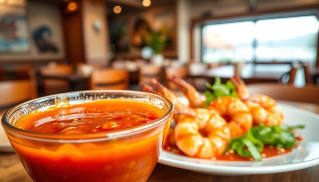 A beautifully arranged dish of sweet-and-spicy sauce in a glass bowl, set prominently in the foreground. The sauce has a glossy finish, rich red and orange hues with visible flecks of spices and herbs. In the middle ground, a plate of crispy dragon shrimp gleams with a light drizzle of the sauce, showcasing its enticing texture. Bright green garnishes and sesame seeds add a pop of color. The background features a softly blurred coastal-themed restaurant interior, with warm lighting creating a cozy atmosphere. Capture the scene from a slightly elevated angle to emphasize the sauce’s details, creating an inviting and mouthwatering mood that conveys big flavor and excitement.