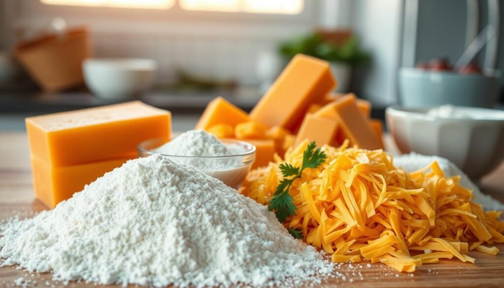 A beautifully arranged flat lay of the key ingredients for cheddar bay biscuits, showcasing their textures and colors. In the foreground, a pile of all-purpose flour dusted lightly with a sprinkle of salt. Next to it, vibrant orange blocks of cheddar cheese, shredded, glistening under warm ambient lighting. In the middle layer, a small bowl of garlic powder and another of dried parsley, elegantly positioned amongst crumbled baking powder and sugar. In the background, a soft, blurred kitchen setting with sunlight filtering through a window, creating a cozy and inviting atmosphere. The image should evoke a sense of warmth and home-cooking, emphasizing the freshness and quality of the ingredients without any text overlay.