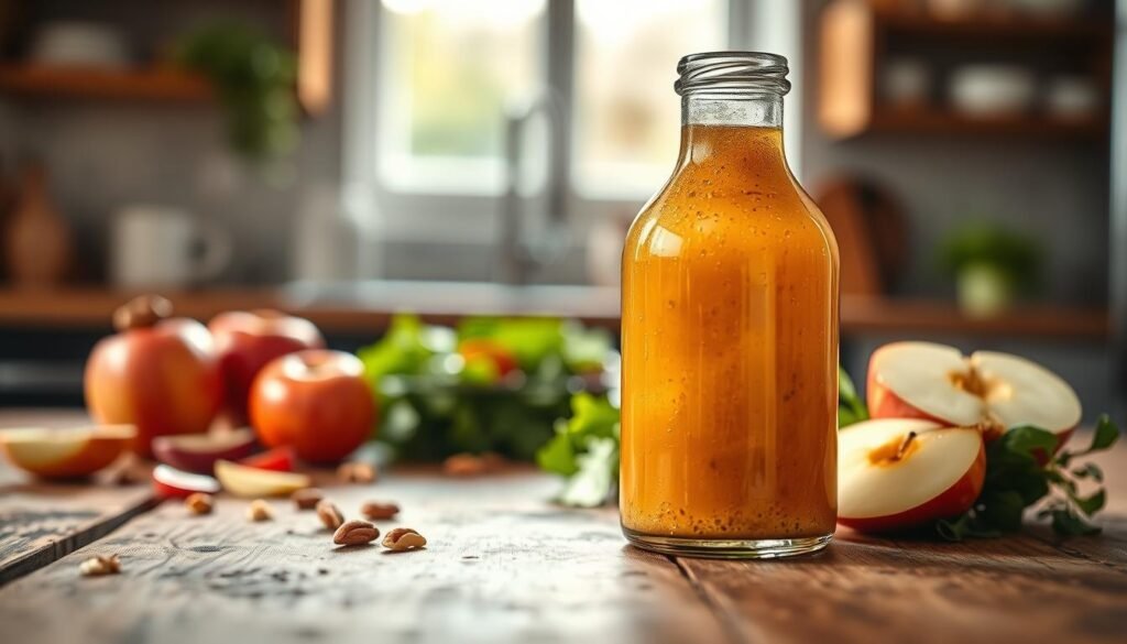 A beautifully arranged glass bottle of apple cider vinaigrette, showcasing its rich amber hue with a slight sheen. In the foreground, the bottle is elegantly placed on a rustic wooden table, surrounded by fresh ingredients: sliced apples, a sprinkle of crushed nuts, and a few vibrant salad greens. The middle ground captures a softly blurred backdrop of a bright kitchen setting, with natural light streaming in from a nearby window, creating a warm and inviting atmosphere. The focus is sharp on the vinaigrette bottle, with subtle reflections capturing the essence of freshness. The overall mood is wholesome and nutritious, ideal for emphasizing the healthy aspects of the salad dressing. A beautifully arranged glass bottle of apple cider vinaigrette, showcasing its rich amber hue with a slight sheen. In the foreground, the bottle is elegantly placed on a rustic wooden table, surrounded by fresh ingredients: sliced apples, a sprinkle of crushed nuts, and a few vibrant salad greens. The middle ground captures a softly blurred backdrop of a bright kitchen setting, with natural light streaming in from a nearby window, creating a warm and inviting atmosphere. The focus is sharp on the vinaigrette bottle, with subtle reflections capturing the essence of freshness. The overall mood is wholesome and nutritious, ideal for emphasizing the healthy aspects of the salad dressing.