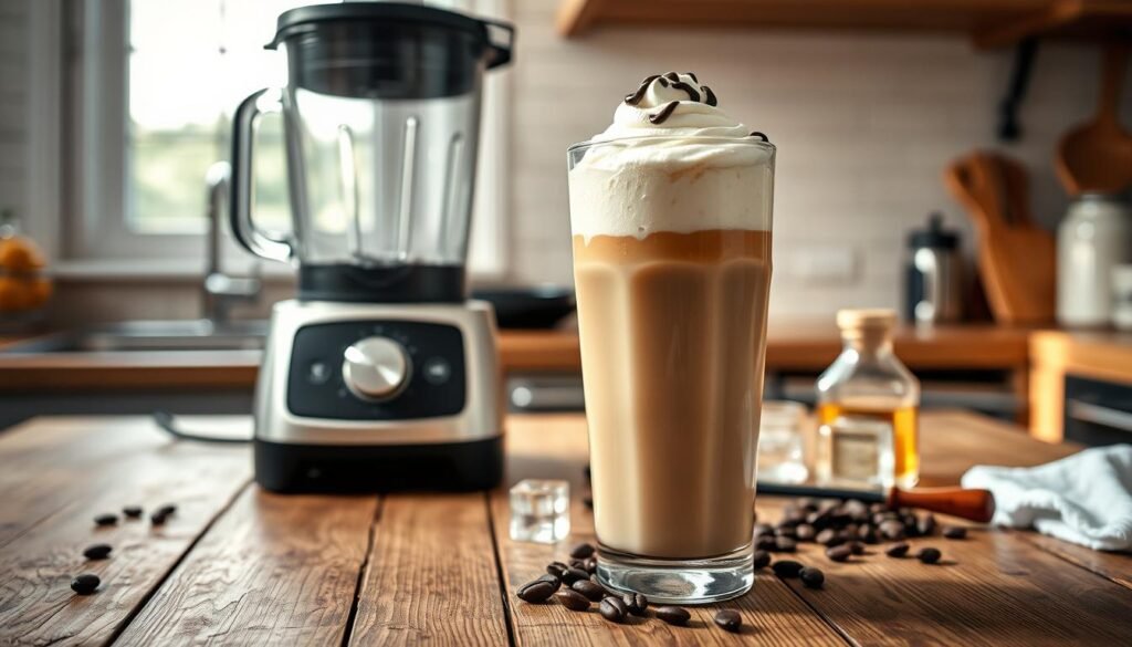 A beautifully arranged kitchen counter scene showcasing the equipment needed to make frosted coffee. In the foreground, a tall glass filled with creamy frosted coffee, topped with whipped cream and a drizzle of chocolate syrup, sits enticingly on a rustic wooden surface. The middle ground features a sleek blender with a few coffee beans, ice cubes, and vanilla extract scattered artfully around. In the background, a sunlit window casts soft, natural light that highlights the coffee's frothiness, creating a warm and inviting atmosphere. The scene should evoke a sense of simplicity and refreshment, suggesting that making this delightful drink can be done quickly and effortlessly. The angle is slightly tilted downwards, showcasing the enticing layers of the frosted coffee.