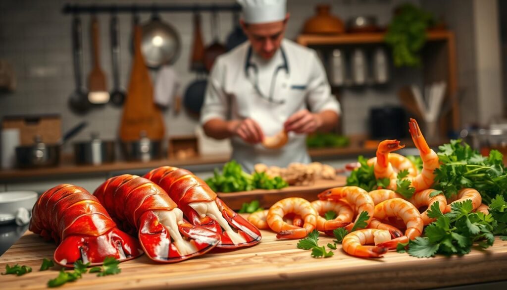 A beautifully arranged kitchen countertop features succulent lobster tails and fresh shrimp being expertly prepared. In the foreground, a chopping board showcases the lobster tails with rich, red shells and glistening flesh. Nearby, vibrant green herbs such as parsley and cilantro are scattered, adding a pop of color. In the middle, a skilled chef in a white apron is focused on deveining the shrimp, showcasing precision and care. Soft overhead lighting casts a warm glow, enhancing the fresh ingredients. In the background, a blurred view of a rustic kitchen with cookware hangs on the wall suggests a homely atmosphere. The image captures the essence of culinary craftsmanship, radiating a sense of excitement and anticipation for a delicious meal to come.