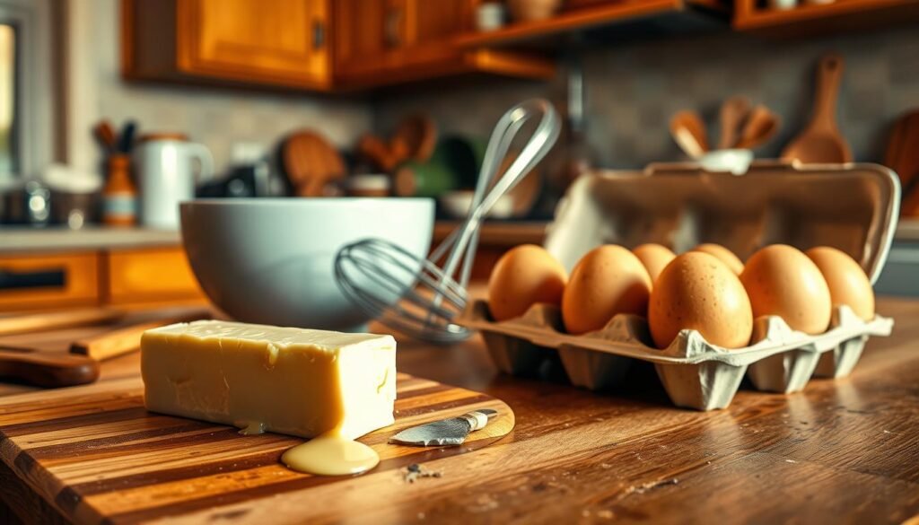 A beautifully arranged kitchen countertop featuring room temperature butter and fresh eggs in a rustic yet inviting setting. In the foreground, a stick of softened, creamy butter sits on a wooden cutting board, with droplets of melting butter glistening under warm, soft lighting. Next to it, several large, speckled eggs are carefully placed in an open, vintage-style egg carton. The middle area includes a mixing bowl, a whisk, and a few measuring spoons, all hinting at a baking setup. The background showcases a cozy kitchen with warm tones, wooden cabinets, and softly blurred shelves filled with baking necessities. The mood is homely and inviting, suggesting warmth and the joy of baking. The overall lighting creates a soft, natural ambiance that evokes a sense of comfort and readiness for cookie preparation.