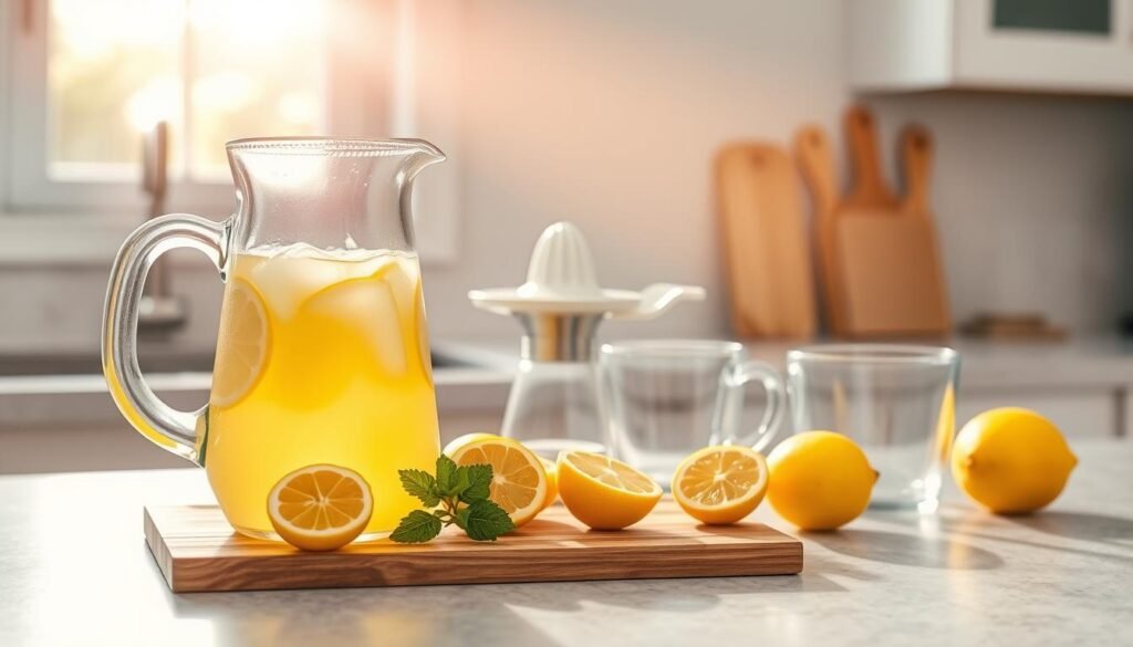 A beautifully arranged kitchen countertop showcasing essential equipment for making homemade lemonade. In the foreground, a classic, glass lemonade pitcher filled with refreshing, bright yellow lemonade sits next to a wooden cutting board, adorned with freshly sliced lemons and a sprig of mint. The middle of the image includes a citrus juicer and a measuring cup. In the background, a sunlit window casts warm, inviting natural light across the scene, enhancing the colors and creating a cheerful atmosphere. The countertop has a subtle texture, and the overall aesthetic is fresh, clean, and homely. Capture this scene using a soft focus lens to evoke a sense of warmth and approachability. A beautifully arranged kitchen countertop showcasing essential equipment for making homemade lemonade. In the foreground, a classic, glass lemonade pitcher filled with refreshing, bright yellow lemonade sits next to a wooden cutting board, adorned with freshly sliced lemons and a sprig of mint. The middle of the image includes a citrus juicer and a measuring cup. In the background, a sunlit window casts warm, inviting natural light across the scene, enhancing the colors and creating a cheerful atmosphere. The countertop has a subtle texture, and the overall aesthetic is fresh, clean, and homely. Capture this scene using a soft focus lens to evoke a sense of warmth and approachability.