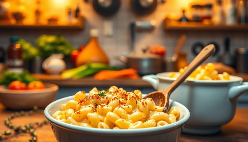 A beautifully arranged mac and cheese bowl set against a warm, cozy kitchen background. In the foreground, a creamy, velvety mac and cheese with golden, crispy topping, garnished with herbs and a sprinkle of paprika, invites the viewer. The bowl is elegantly styled, with a rustic wooden spoon resting beside it. In the middle, softly blurred kitchen elements, such as a colorful vegetable medley and a steaming pot, add depth. The background features warm, ambient lighting that creates an inviting atmosphere, with shelves filled with spices and kitchenware enhancing the homely feel. The image captures the essence of comfort food, making the viewer eager to try this legendary mixture method for perfect texture with minimal mess, shot from a slightly angled perspective to create a dynamic composition. A beautifully arranged mac and cheese bowl set against a warm, cozy kitchen background. In the foreground, a creamy, velvety mac and cheese with golden, crispy topping, garnished with herbs and a sprinkle of paprika, invites the viewer. The bowl is elegantly styled, with a rustic wooden spoon resting beside it. In the middle, softly blurred kitchen elements, such as a colorful vegetable medley and a steaming pot, add depth. The background features warm, ambient lighting that creates an inviting atmosphere, with shelves filled with spices and kitchenware enhancing the homely feel. The image captures the essence of comfort food, making the viewer eager to try this legendary mixture method for perfect texture with minimal mess, shot from a slightly angled perspective to create a dynamic composition.