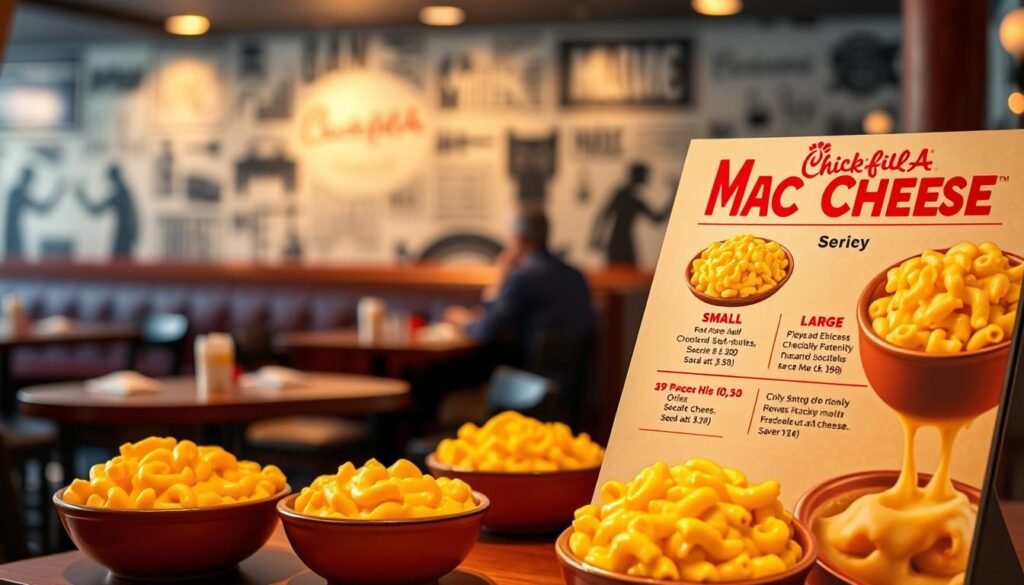 A beautifully arranged menu featuring Chick-fil-A's Mac and Cheese options, prominently displayed in the foreground. The menu showcases small, medium, and large sizes, each with appetizing visuals of creamy, cheesy mac and cheese in various serving bowls. In the middle ground, include a subtle representation of a restaurant environment with a cozy dining area, soft lighting that enhances the warmth of the meal, and blurred tables with silhouettes of diners enjoying their meals. In the background, a soft-focus mural or wall art related to Chick-fil-A creates context without distraction. The overall mood is inviting and appetizing, with a focus on the delicious, rich textures of the mac and cheese, inviting viewers to explore the pricing and size options. A beautifully arranged menu featuring Chick-fil-A's Mac and Cheese options, prominently displayed in the foreground. The menu showcases small, medium, and large sizes, each with appetizing visuals of creamy, cheesy mac and cheese in various serving bowls. In the middle ground, include a subtle representation of a restaurant environment with a cozy dining area, soft lighting that enhances the warmth of the meal, and blurred tables with silhouettes of diners enjoying their meals. In the background, a soft-focus mural or wall art related to Chick-fil-A creates context without distraction. The overall mood is inviting and appetizing, with a focus on the delicious, rich textures of the mac and cheese, inviting viewers to explore the pricing and size options.