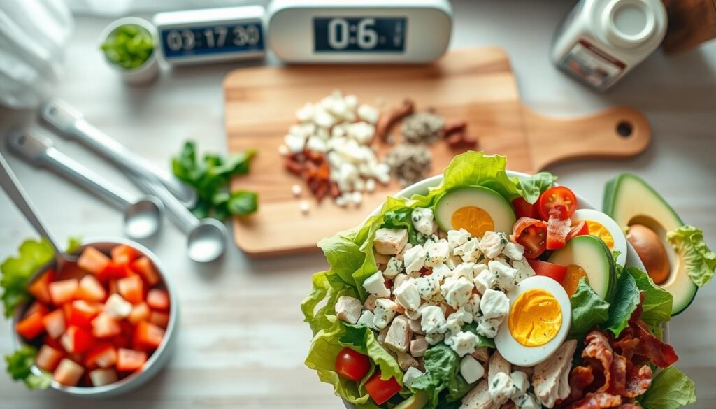 A beautifully arranged overhead view of a quick recipe snapshot for a Chick-fil-A Cobb Salad. The foreground features a vibrant bowl filled with fresh ingredients: crispy romaine lettuce, diced grilled chicken, ripe tomatoes, creamy avocado slices, hard-boiled eggs, blue cheese crumbles, and strips of bacon. Surrounding the bowl are measuring spoons and a timer, indicating a quick preparation time. In the middle, a rustic wooden cutting board holds scattered ingredients such as herbs and spices. The background displays blurred kitchen elements, like a bright window letting in soft, natural light that creates a warm and inviting atmosphere. The scene captures a sense of efficiency and deliciousness, perfect for a quick meal. The composition is clean with a focus on freshness, evoking a sense of home-cooked comfort.