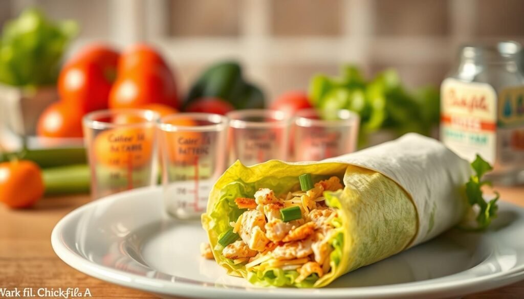 A beautifully arranged plate featuring a Chick-fil-A Cool Wrap in the foreground, showcasing its vibrant ingredients like lettuce, grilled chicken, shredded cheese, and a hint of green onions. In the middle ground, include measuring cups filled with metrics for calories, protein, carbs, and fat, creatively arranged in an appealing way. In the background, softly blurred, incorporate freshness-themed elements such as fresh vegetables and herbs to enhance the nutritional aspect. Illuminate the scene with warm, natural lighting to evoke a healthy, inviting atmosphere. Use a shallow depth of field to focus on the wrap and nutritional elements, creating a professional, clean look that emphasizes health-conscious eating.