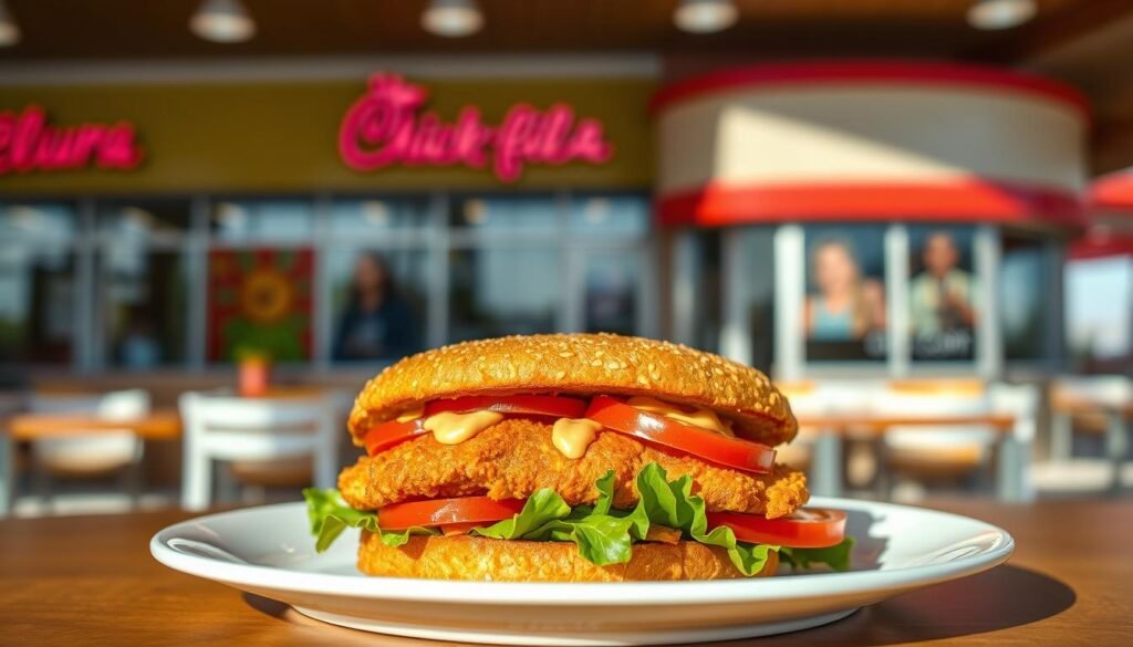 A beautifully arranged plate featuring a crispy Spicy Deluxe Chicken Sandwich, glistening with a spicy pepper mayonnaise, sliced tomatoes, and fresh green lettuce. The sandwich sits prominently in the foreground, showcasing the golden-brown breading and the tantalizing juiciness of the chicken fillet. In the background, a soft-focus setting of a sunny Chick-fil-A restaurant with vibrant colors gives a welcoming atmosphere. The lighting is warm and inviting, simulating late afternoon sunlight, casting gentle shadows and highlighting the ingredients' textures. The composition should capture the sandwich at a slight angle, emphasizing the layering of flavors. Overall, the image should evoke a sense of anticipation and deliciousness, appealing directly to the senses of taste and smell.