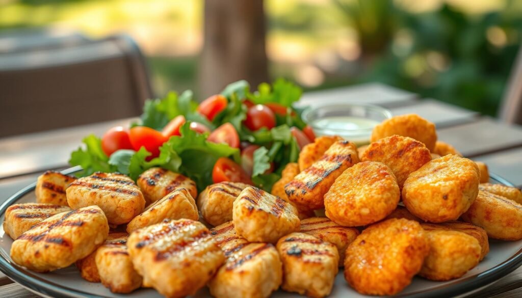 A beautifully arranged plate of grilled chicken nuggets, glistening with a light marinade, sits in the foreground. Each nugget is perfectly browned with grill marks, highlighting their juicy texture. Beside them, a contrasting serving of golden classic fried nuggets, crisp and inviting, showcases the difference between the two types. The middle ground features a vibrant fresh salad with mixed greens, cherry tomatoes, and a light vinaigrette dressing, enhancing the healthy aspect of the grilled nuggets. The background softly blurs into a picnic table setting with a warm, inviting atmosphere, illuminated by natural daylight, casting gentle shadows. The scene focuses on the texture and color contrast between the grilled and classic nuggets, emphasizing their appeal in a wholesome dining experience.