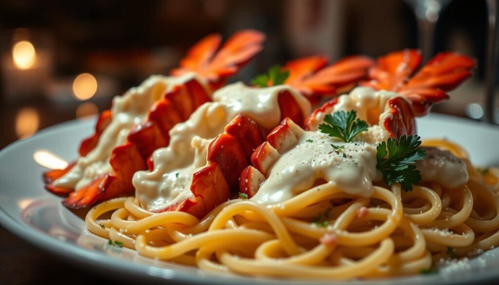 A beautifully arranged plate of lobster tails, glistening and succulent, with a rich Alfredo sauce drizzled over them. The lobster tails are bright red and slightly curled, showcasing their tender meat. Surrounding them, a delectable portion of linguini pasta, elegantly twirled and garnished with fresh parsley and a sprinkle of grated parmesan cheese. In the background, a softly blurred kitchen setting evokes a warm, inviting atmosphere, with dim lighting that enhances the richness of the dish. The scene is captured from a slightly elevated angle, using a macro lens to emphasize the textures of the lobster and pasta. The overall mood is sophisticated yet comforting, inviting the viewer to savor the culinary delight.