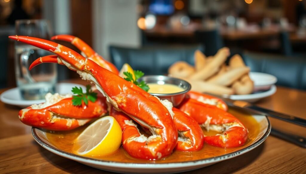 A beautifully arranged plate of snow crab legs, glistening in a rich, buttery sauce, sitting atop a wooden table. The foreground features the crabs with their vibrant red shells partially cracked open, revealing tender white meat inside, garnished with fresh lemon wedges and sprigs of parsley for a pop of color. In the middle ground, a small bowl of melted garlic butter and a knife rests alongside the plate, inviting the viewer to enjoy. The background showcases a soft-focus setting of a cozy seafood restaurant ambiance, warm lighting casting gentle shadows. Capture this scene from a slightly elevated angle to emphasize the texture of the crab legs and the inviting atmosphere of a dining experience. The mood should be warm and appetizing, evoking a sense of indulgence and culinary delight.