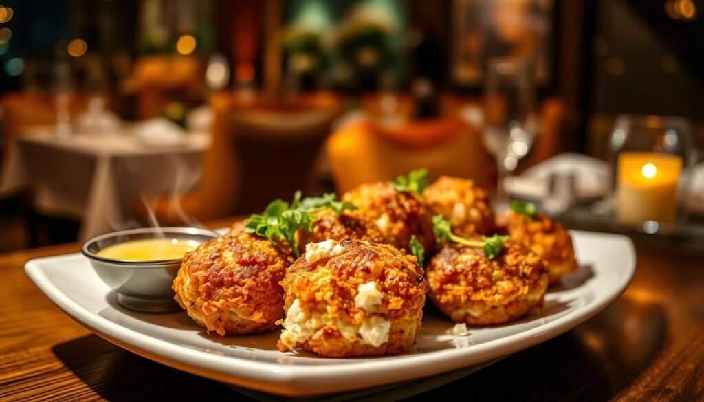 A beautifully arranged plate of standout crab bites, showcasing an array of golden-brown, crispy crab cakes bursting with chunks of fresh crab meat. The crab bites are garnished with vibrant green herbs and served alongside a small dish of tangy, citrus-infused dipping sauce. In the foreground, there are delicate textures and details of the crab bites, with steam gently rising to suggest warmth. The background features a sophisticated, dimly lit restaurant setting, with soft bokeh from elegant table settings and an inviting ambiance. The warm lighting creates a cozy atmosphere, highlighting the delicious food. Capture the image from a slightly elevated angle to emphasize the dish while maintaining focus on the crab bites as the centerpiece.