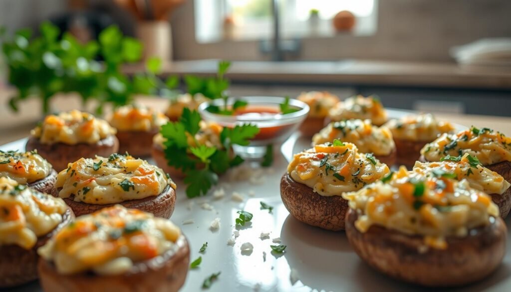 A beautifully arranged plate of stuffed mushrooms, showcasing a delectable recipe. In the foreground, the mushrooms are stuffed with a creamy mixture of cheese, garlic, and herbs, glistening with a light golden-brown crust. The middle ground features a small bowl of rich dipping sauce alongside sprigs of fresh parsley and a sprinkle of grated Parmesan for garnish. The background reveals a softly blurred kitchen setting, illuminated by warm, natural lighting from a window, creating a cozy atmosphere. The image captures a top-down angle, emphasizing the mushrooms' details while evoking a comforting, home-cooked feel. No text or watermarks present. A beautifully arranged plate of stuffed mushrooms, showcasing a delectable recipe. In the foreground, the mushrooms are stuffed with a creamy mixture of cheese, garlic, and herbs, glistening with a light golden-brown crust. The middle ground features a small bowl of rich dipping sauce alongside sprigs of fresh parsley and a sprinkle of grated Parmesan for garnish. The background reveals a softly blurred kitchen setting, illuminated by warm, natural lighting from a window, creating a cozy atmosphere. The image captures a top-down angle, emphasizing the mushrooms' details while evoking a comforting, home-cooked feel. No text or watermarks present.