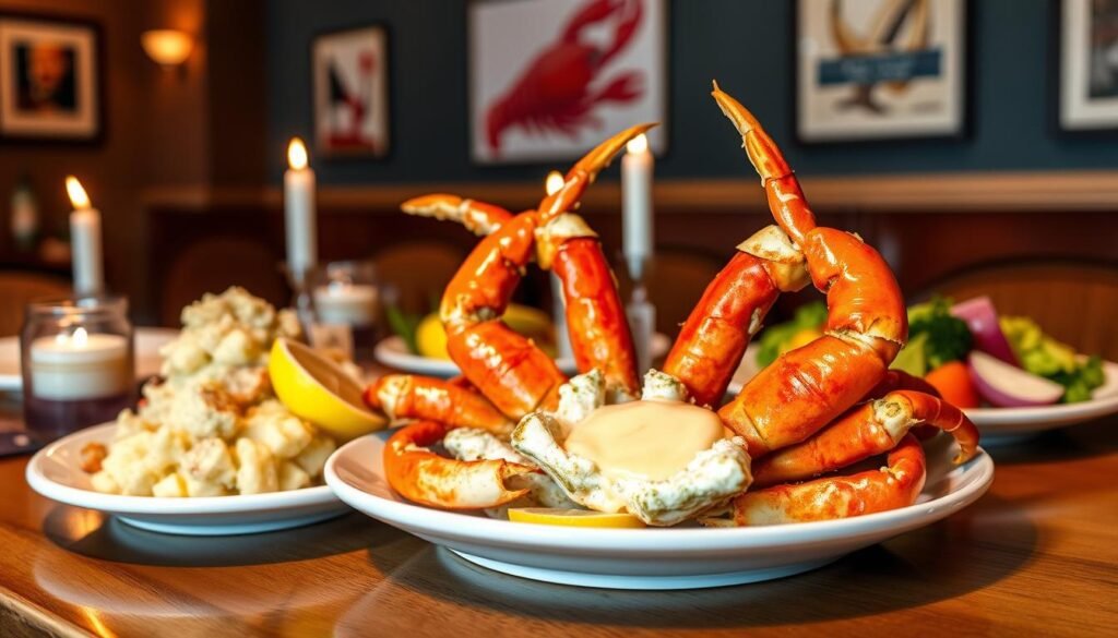 A beautifully arranged plate of succulent crab legs, glistening with melted butter and garnished with fresh lemon wedges, takes center stage in the foreground. Surrounding the crab are vibrant side dishes featuring garlic mashed potatoes and a crisp garden salad, all artfully presented to highlight the value for money. In the middle ground, a elegantly set table at a Red Lobster restaurant adds a touch of ambiance, with soft candlelight flickering, creating a warm and inviting atmosphere. The background features subtle décor elements synonymous with a coastal seafood restaurant, including nautical-themed art. The lighting is warm and inviting, casting a soft glow over the scene, enhancing appetizing colors and textures. Capture this image with a slightly elevated angle to emphasize the delicious food presentation and inviting environment, conveying a sense of indulgence and value.