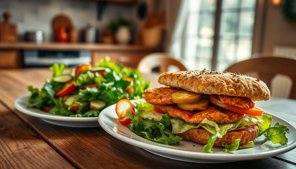 A beautifully arranged plate showcasing a delicious chicken sandwich with crispy lettuce, ripe tomatoes, and pickles, next to a vibrant, fresh salad with mixed greens, cucumbers, and a light vinaigrette. The chicken sandwich is golden brown, garnished with a sprinkle of herbs. In the background, a rustic wooden table setting with a soft-focus kitchen ambiance, illuminated by warm, natural light streaming through a nearby window. The atmosphere is inviting and cozy, perfect for a relaxed dining experience. The angle is slightly overhead to capture both dishes in a balanced composition, emphasizing the pairing concept. No text or labels are included, allowing for a clean presentation.