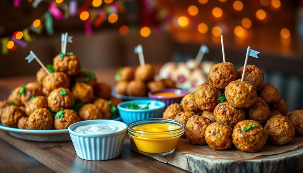 A beautifully arranged platter of golden-brown sausage balls made with Red Lobster biscuit mix, artfully displayed on a rustic wooden table. In the foreground, the sausage balls are piled high, garnished with fresh parsley and small toothpicks for easy serving. In the middle ground, there are small bowls of dipping sauces, including a zesty honey mustard and a creamy ranch, adding vibrant colors to the composition. In the background, soft-focus party decorations like colorful streamers and fairy lights create a festive atmosphere. The lighting is warm and inviting, reminiscent of a cozy gathering, creating an appetizing mood perfect for parties, snacks, or breakfast. Capture this scene from a slightly elevated angle for a comprehensive view of the spread, emphasizing texture and detail.