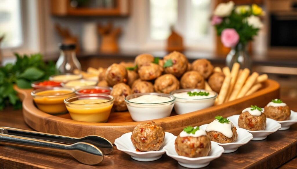 A beautifully arranged platter of hot sausage balls in a rustic wooden serving dish, surrounded by an assortment of colorful dips like tangy mustard, zesty marinara, and creamy ranch. In the foreground, a pair of tongs rests beside the platter, while a few sausage balls are placed on small white appetizer plates with decorative garnishes of parsley. The background features a cozy kitchen setting with warm lighting that creates an inviting atmosphere. Soft-focus elements such as fresh herbs and a vase of flowers add a touch of elegance. The image captures the essence of a festive gathering, emphasizing delicious serving ideas that keep sausage balls warm and flavorful.