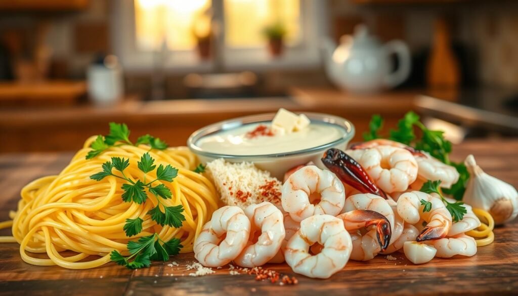 A beautifully arranged selection of ingredients for Red Lobster-style shrimp linguini Alfredo, set on a rustic wooden countertop. In the foreground, a fresh, vibrant pile of uncooked fettuccine pasta, alongside plump, succulent shrimp seasoned with salt and pepper. A small bowl of creamy Alfredo sauce sits next to grated Parmesan cheese, with garlic cloves and fresh parsley scattered around for added detail. In the middle, a pinch of red pepper flakes adds a pop of color. The background is softly blurred, featuring a warm kitchen ambiance with soft, golden light filtering through a window, creating a cozy and inviting atmosphere perfect for cooking. A shallow depth of field emphasizes the ingredients, inviting the viewer into the culinary experience.