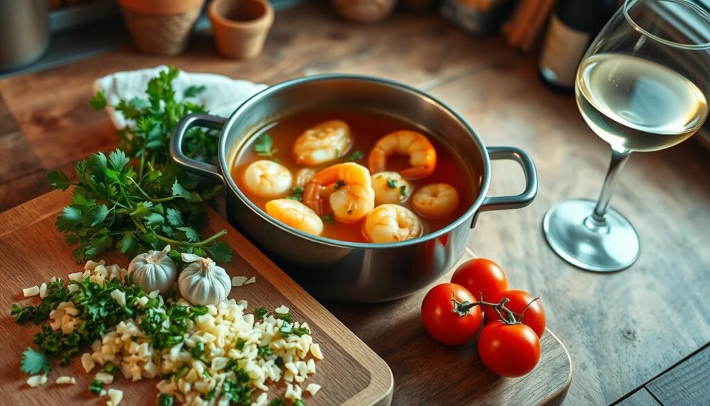 A beautifully arranged selection of orzo ingredients for a hearty seafood broth. In the foreground, a wooden cutting board displays freshly chopped garlic, vibrant green parsley, and a scattering of diced tomatoes. In the middle, a pot filled with a rich, golden seafood broth simmers gently, with chunks of tender shrimp and scallops peeking through, garnished with herbs. The background features a rustic kitchen setting with soft, warm lighting cascading from a nearby window, enhancing the inviting atmosphere. An elegant glass filled with white wine sits to the side, hinting at a culinary experience. The angle captures a top-down view to emphasize the textural contrasts of the ingredients, invoking a cozy and appetizing mood. A beautifully arranged selection of orzo ingredients for a hearty seafood broth. In the foreground, a wooden cutting board displays freshly chopped garlic, vibrant green parsley, and a scattering of diced tomatoes. In the middle, a pot filled with a rich, golden seafood broth simmers gently, with chunks of tender shrimp and scallops peeking through, garnished with herbs. The background features a rustic kitchen setting with soft, warm lighting cascading from a nearby window, enhancing the inviting atmosphere. An elegant glass filled with white wine sits to the side, hinting at a culinary experience. The angle captures a top-down view to emphasize the textural contrasts of the ingredients, invoking a cozy and appetizing mood.