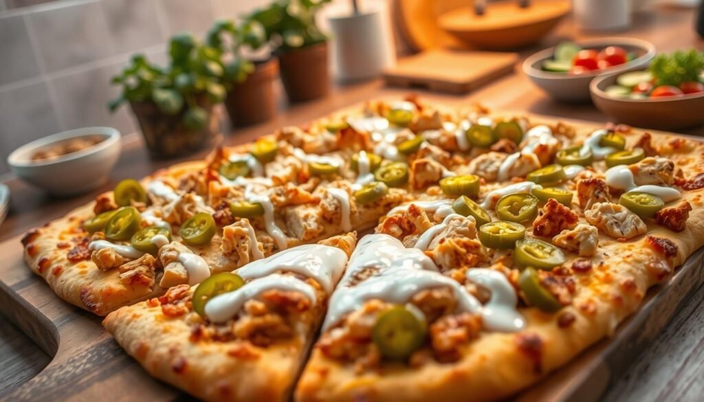 A beautifully arranged sheet pan Chick-fil-A pizza takes center stage. The pizza features a crispy golden crust, topped with tender chunks of Chick-fil-A chicken, vibrant green bell peppers, tangy pickles, and a generous drizzle of creamy ranch sauce. In the foreground, a rustic wooden cutting board displays slices being pulled apart to reveal gooey cheese. The lighting is warm and inviting, highlighting the textures of the ingredients and creating a cozy, family-friendly atmosphere. In the background, a softly blurred kitchen setting includes herbs in pots, a hint of a colorful salad, and a bustling countertop, enhancing the home-cooked vibe. The angle is slightly overhead, accentuating the sheet pan's toppings and inviting the viewer to dive into this delicious meal.