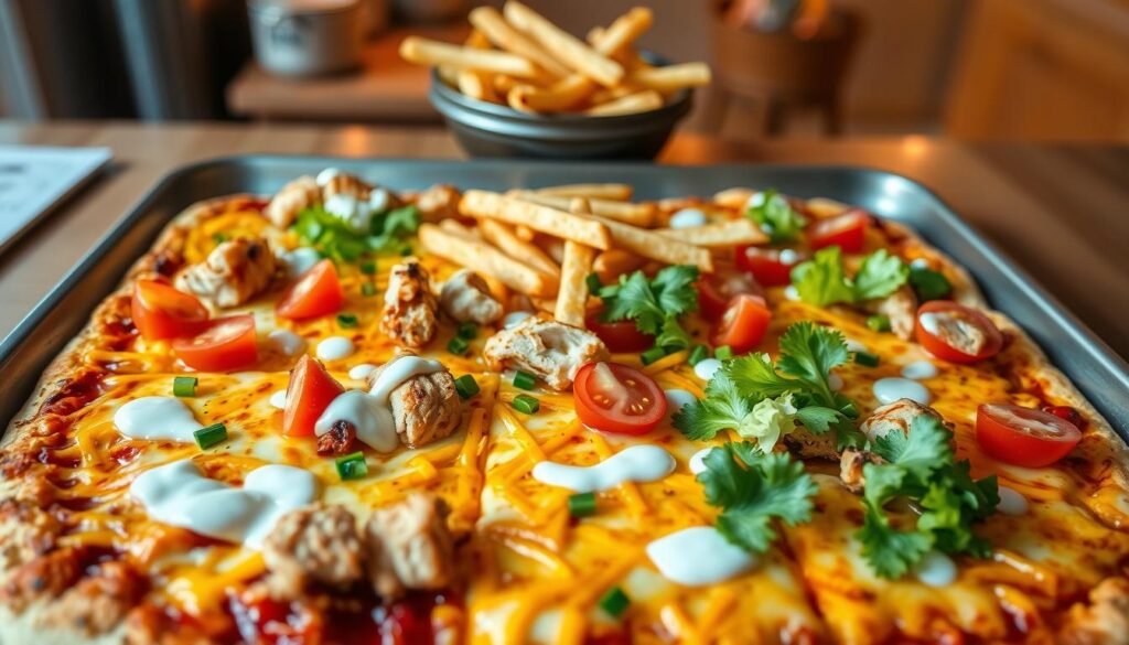 A beautifully arranged sheet pan featuring a Chick-fil-A pizza copycat recipe, showcasing perfectly baked golden crust topped with melted cheddar and pepper jack cheese. In the foreground, juicy pieces of grilled chicken are artfully scattered on top, along with fresh diced tomatoes, crispy lettuce, and a drizzle of ranch dressing. In the middle, a side of waffle fries served in a rustic bowl adds a fast-food flair. The background features a warm kitchen setting with soft, inviting lighting, highlighting the textures of the pizza and the vibrancy of the ingredients. The scene evokes a cozy, family-friendly atmosphere perfect for a delightful dinner at home. Use a slight overhead angle to encapsulate the entire sheet pan with an inviting, hungry feel.