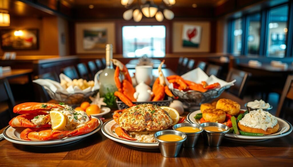A beautifully arranged table showcasing a Crabfest menu at a Red Lobster restaurant. In the foreground, an assortment of succulent crab dishes: steamed crab legs, crab alfredo, and crab cakes, elegantly plated with herbs and lemon wedges for garnish. Accompanying sides of garlic mashed potatoes and fresh vegetable medley are presented alongside savory butter sauces in small bowls. In the middle ground, a wooden table adorned with nautical-themed decorations, such as seashells and a rustic tablecloth, creates an inviting atmosphere. The background features a softly lit restaurant interior, with warm lighting casting a cozy glow. A shallow depth of field emphasizes the delicious menu items, while maintaining a focus on the vibrant colors of the food, evoking a sense of anticipation and hunger for a delightful dining experience.