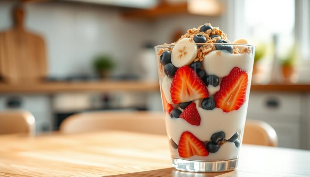 A beautifully arranged yogurt parfait in a clear glass, showcasing layers of creamy yogurt, vibrant seasonal fruits like strawberries, blueberries, and slices of banana, all topped with a sprinkle of crunchy granola. The parfait is centered in the foreground, with soft natural lighting illuminating the colors of the fruits and yogurt, creating a fresh, inviting look. In the middle ground, there’s a wooden table, adding warmth to the scene. A blurred kitchen background hints at a cozy home environment, enhancing the atmosphere of simplicity and quick preparation. The overall mood is bright and appetizing, invoking a sense of health and satisfaction, perfect for a straightforward, delicious snack.
