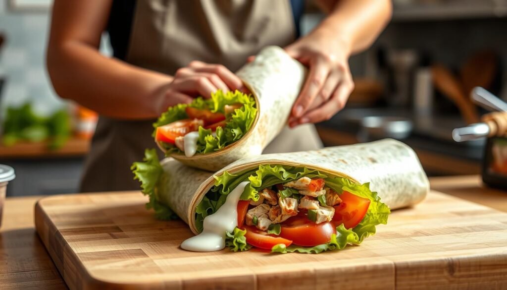 A beautifully assembled Chick-fil-A wrap, showcasing a burrito-style presentation. In the foreground, a wooden cutting board displays the wrap partially rolled, with vibrant ingredients spilling slightly from the edges: crisp lettuce, tender grilled chicken, sliced tomatoes, and a drizzle of creamy ranch dressing. The middle ground features hands in professional casual attire gently rolling the wrap, highlighting the technique of assembly. The background is softly blurred, suggesting a cozy kitchen environment with subtle hints of fresh herbs and kitchen tools. Warm, natural lighting illuminates the scene, creating an inviting and delicious atmosphere, emphasizing the freshness and appeal of the wrap. Capture this moment from a slightly elevated angle for a dynamic view.