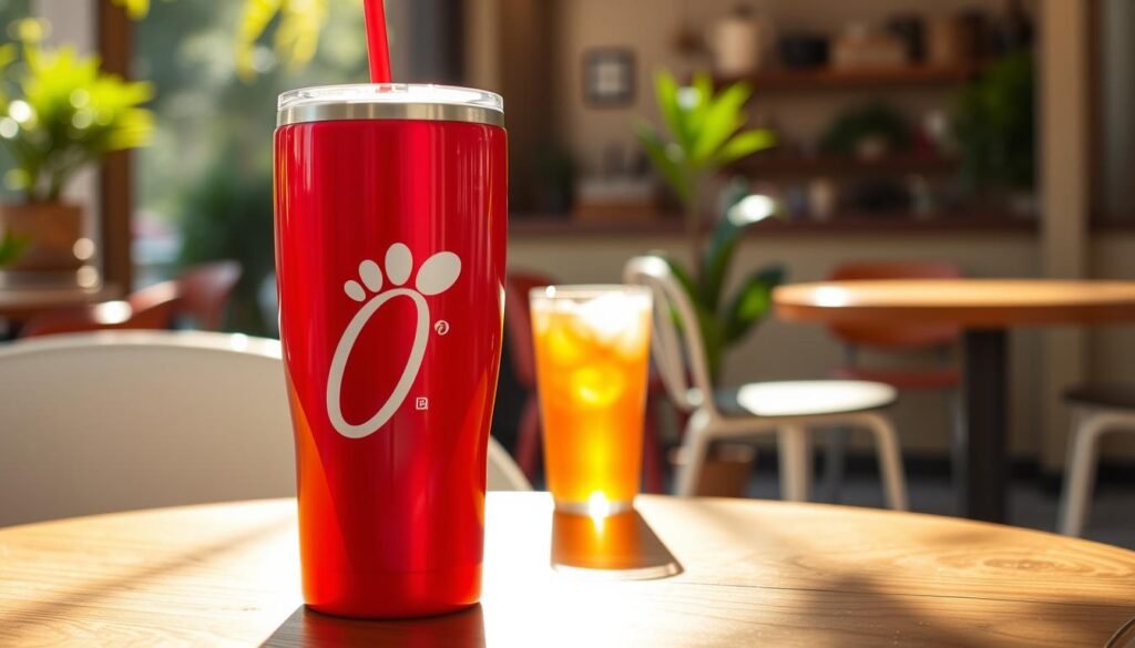 A beautifully designed Chick-fil-A tumbler features prominently in the foreground, showcasing its sleek curves and vibrant red color, adorned with the iconic logo. The middle ground includes a refreshing beverage, such as sweet tea or lemonade, reflecting the light to highlight the tumbler’s double-wall insulation. Soft, natural sunlight beams down, creating a warm and inviting atmosphere, suggesting a sunny day outdoors. To the background, a cozy café setting with wooden tables and green plants subtly enhances the scene, providing context without distracting from the tumbler. The photo is shot with a shallow depth of field to keep the focus on the tumbler while blurring the background, evoking a sense of comfort and daily enjoyment.