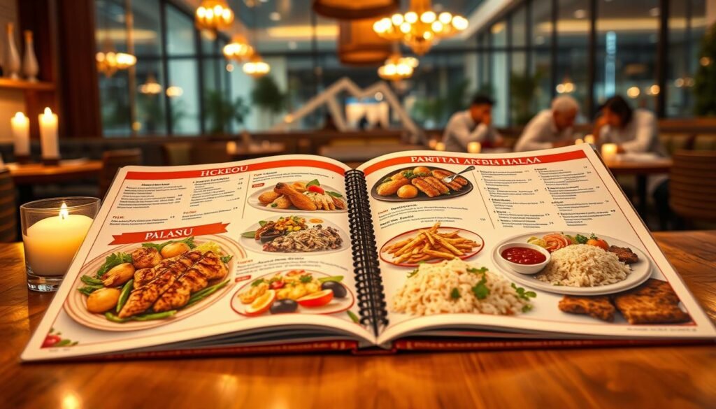 A beautifully designed restaurant menu spread open on a wooden table, showcasing various mouth-watering halal meal options. The foreground features a vibrant display of dishes, including grilled chicken, fresh salads, and aromatic rice, each labeled clearly but without text. The middle area captures a stylish restaurant ambiance with elements like soft candlelight, a minimalist decor, and elegant table settings. In the background, blurred silhouettes of diners enjoying their meals can be seen, creating a lively yet relaxed atmosphere. Warm, golden lighting enhances the inviting feel of the scene. The image should be shot at a slight angle, highlighting the menu's appeal while maintaining a clean and elegant presentation, capturing the spirit of enjoying halal dining options. A beautifully designed restaurant menu spread open on a wooden table, showcasing various mouth-watering halal meal options. The foreground features a vibrant display of dishes, including grilled chicken, fresh salads, and aromatic rice, each labeled clearly but without text. The middle area captures a stylish restaurant ambiance with elements like soft candlelight, a minimalist decor, and elegant table settings. In the background, blurred silhouettes of diners enjoying their meals can be seen, creating a lively yet relaxed atmosphere. Warm, golden lighting enhances the inviting feel of the scene. The image should be shot at a slight angle, highlighting the menu's appeal while maintaining a clean and elegant presentation, capturing the spirit of enjoying halal dining options.