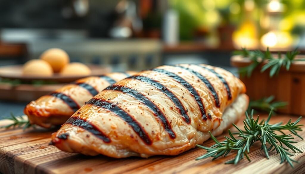 A beautifully grilled chicken breast, succulent and juicy, placed elegantly on a wooden cutting board. The surface of the chicken glistens with a light glaze, showcasing grill marks and an inviting golden-brown color. Surrounding the chicken, fresh herbs like rosemary and thyme add a touch of green, enhancing the visual appeal. In the background, a softly blurred outdoor kitchen setting with a warm, natural sunlight filtering through, creating a cozy and inviting atmosphere. The scene is captured from a slightly elevated angle, emphasizing the textures of the chicken and the vibrant colors of the herbs. The overall mood is warm and appetizing, evoking a sense of homemade comfort food.