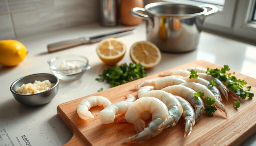 A beautifully organized kitchen countertop, showcasing shrimp preparation ingredients. In the foreground, a cutting board with clean, peeled shrimp ready for cooking, glistening with a hint of seasoning. A small bowl of minced garlic and chopped parsley adds vibrant green accents. In the middle ground, a stainless steel knife and a citrus juicer sit next to fresh lemon halves, emphasizing the zesty flavors. A pot is partially visible in the background, hinting at the cooking to come. Soft, natural light floods the scene from a nearby window, creating a warm, inviting atmosphere that conveys a sense of calm preparation. The angle is slightly overhead to capture all elements harmoniously, focusing on the shrimp as the star of the image, conveying an enticing culinary mood.