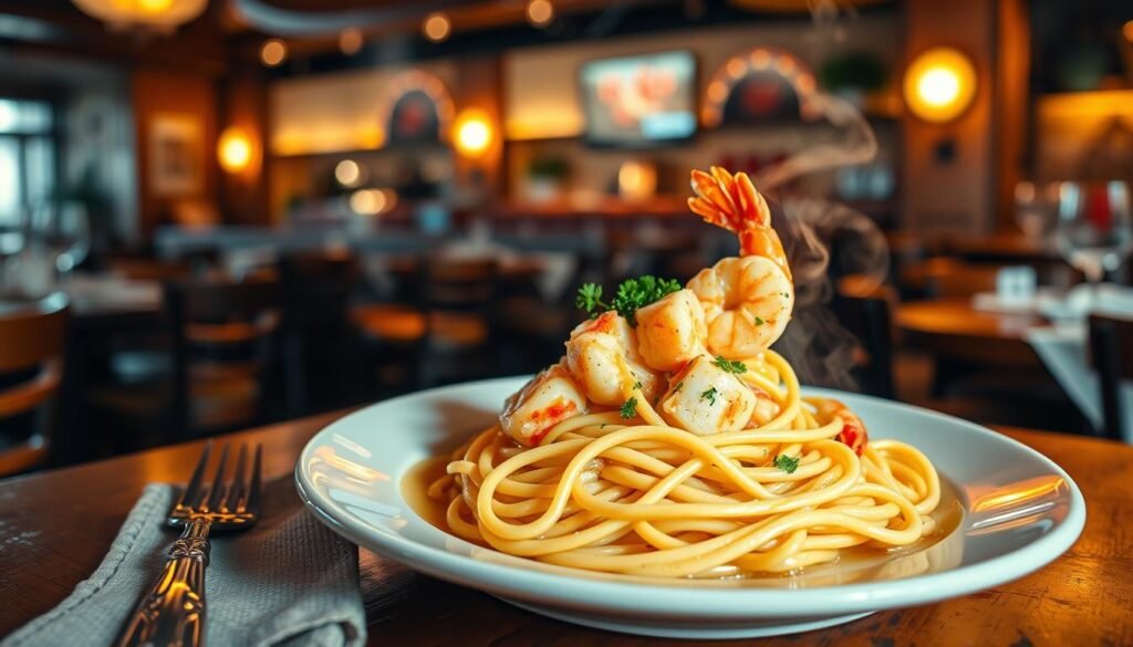 A beautifully plated dish of Lobster & Shrimp Linguini, showcasing vibrant red lobster chunks and tender shrimp nestled atop a bed of al dente linguini. The dish is garnished with a sprinkle of freshly chopped parsley and a drizzle of rich garlic butter sauce that glistens under warm, inviting restaurant lighting. In the foreground, the plate is centered on a rustic wooden table, with a subtly woven napkin and intricate fork design accompanying it. The background features a softly blurred ambiance of a cozy Red Lobster restaurant, with hints of nautical decor and warm wooden tones. The lighting is warm and inviting, highlighting the steam rising from the linguini, evoking a mood of indulgence and comfort, suitable for a fine dining experience.