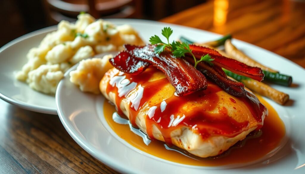 A beautifully plated dish of Red Lobster's maple bacon chicken, featuring tender chicken breast topped with crispy bacon strips, drizzled with a rich maple glaze, garnished with fresh parsley. The foreground showcases the chicken on a elegant white plate, with a vibrant, glossy finish capturing the caramelized glaze. In the middle ground, include sides of fluffy garlic mashed potatoes and seasonal sautéed vegetables for added color and texture. The background is softly blurred, hinting at a cozy restaurant ambiance with warm lighting and wooden tables, creating a welcoming atmosphere. The image should have a slight overhead angle to emphasize the dish's details and a warm, inviting glow to enhance the allure of the meal, evoking a sense of comfort and indulgence.