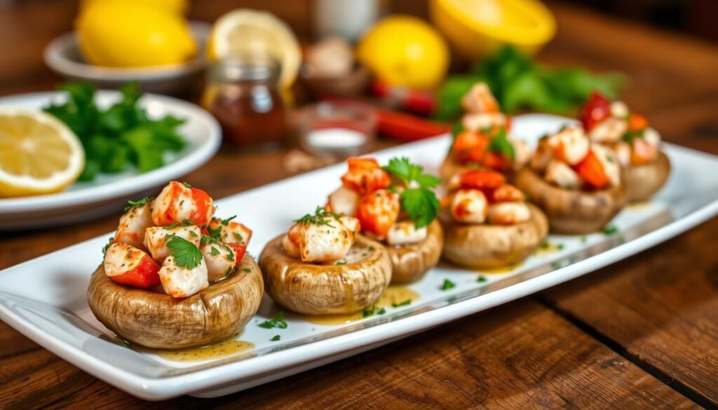 A beautifully plated dish of lobster stuffed mushrooms served on a rustic wooden table. In the foreground, focus on plump, golden-brown mushrooms filled with vibrant red lobster meat, seasoned with herbs and spices, topped with a light drizzle of melted garlic butter and a sprinkle of fresh parsley. The rich textures and colors of the dish should be prominent. In the middle background, a softly blurred arrangement of ingredients—like lemon wedges, fresh herbs, and spices, hinting at substitutions and add-ins. The overall lighting is warm and inviting, mimicking a cozy restaurant atmosphere, with a shallow depth of field to emphasize the delicious details of the mushrooms. A beautifully plated dish of lobster stuffed mushrooms served on a rustic wooden table. In the foreground, focus on plump, golden-brown mushrooms filled with vibrant red lobster meat, seasoned with herbs and spices, topped with a light drizzle of melted garlic butter and a sprinkle of fresh parsley. The rich textures and colors of the dish should be prominent. In the middle background, a softly blurred arrangement of ingredients—like lemon wedges, fresh herbs, and spices, hinting at substitutions and add-ins. The overall lighting is warm and inviting, mimicking a cozy restaurant atmosphere, with a shallow depth of field to emphasize the delicious details of the mushrooms.