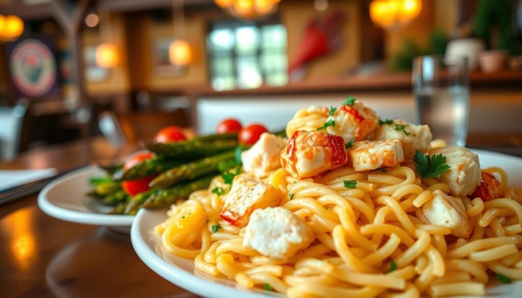 A beautifully plated dish of orzo rice at Red Lobster, featuring the distinctive seafood flavors. In the foreground, a generous serving of golden orzo, glistening with a light garlic butter sauce, intertwined with succulent lobster chunks, and sprinkled with fresh parsley. In the middle ground, a vibrant side of seasonal vegetables, like steamed asparagus and cherry tomatoes, adds color and freshness. The background features the rustic, nautical decor of a typical Red Lobster restaurant, with warm lighting that creates an inviting atmosphere. Capture this scene using a soft focus lens to enhance the texture of the food while ensuring a slightly blurred background, evoking a cozy and appetizing mood that reflects the unique charm of the restaurant's culinary offering. A beautifully plated dish of orzo rice at Red Lobster, featuring the distinctive seafood flavors. In the foreground, a generous serving of golden orzo, glistening with a light garlic butter sauce, intertwined with succulent lobster chunks, and sprinkled with fresh parsley. In the middle ground, a vibrant side of seasonal vegetables, like steamed asparagus and cherry tomatoes, adds color and freshness. The background features the rustic, nautical decor of a typical Red Lobster restaurant, with warm lighting that creates an inviting atmosphere. Capture this scene using a soft focus lens to enhance the texture of the food while ensuring a slightly blurred background, evoking a cozy and appetizing mood that reflects the unique charm of the restaurant's culinary offering.